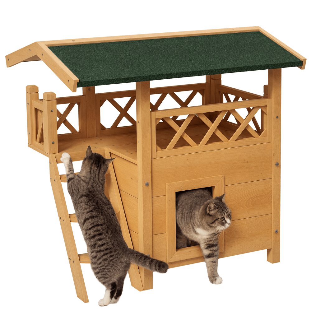 Maisonnette chat bois sapin extérieur abri avec terrasse escalier naturel 77x50x73cm