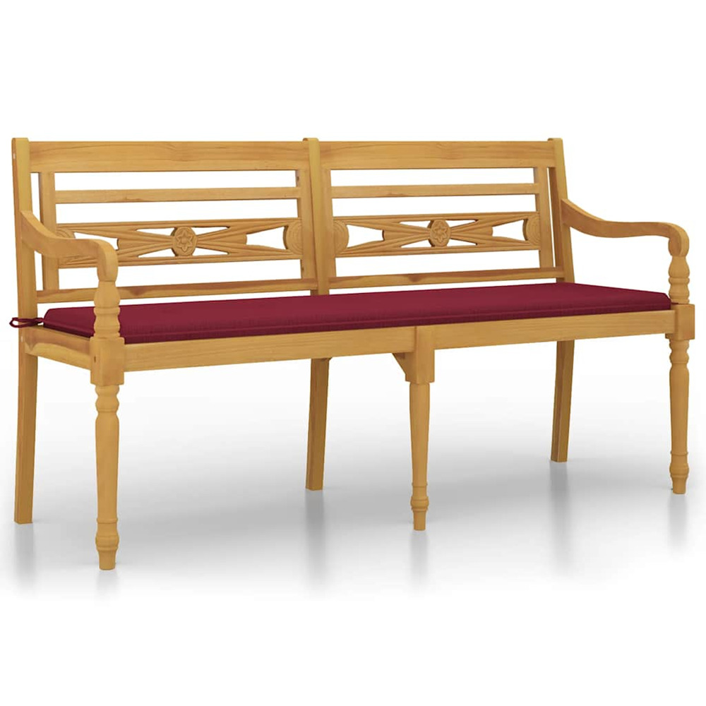 Banc batavia avec coussin rouge bordeaux 150cm bois teck massif