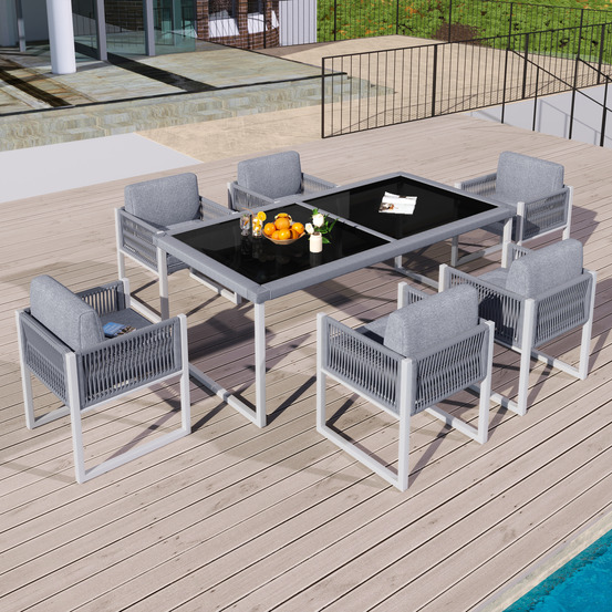Salle à manger corde 6 pers: fauteuils, housse tissu amovible lavable gris/blanc