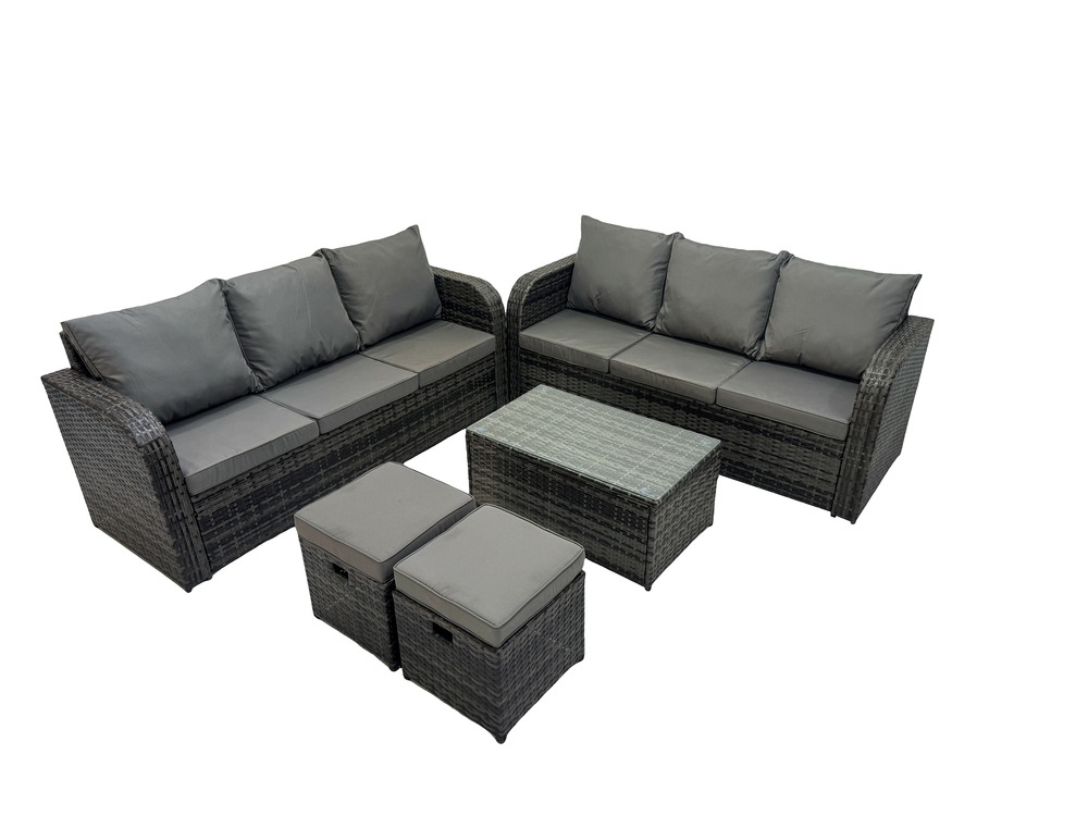 Ensemble de meubles de jardin en polyrotin 8 places avec table basse rectangulaire canapé 3 places 2 petits tabourets