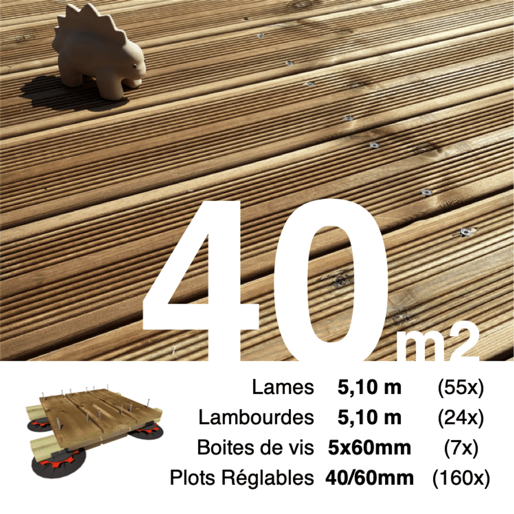Kit complet terrasse pin autoclave marron pour 40 m², lames 5,1 m, lambourdes 5,1 m, plots réglables et visserie inox.