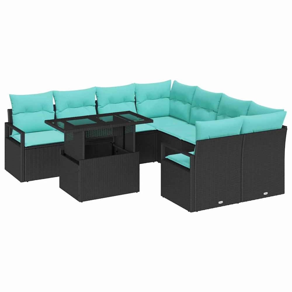 Ensemble de canapé de jardin 9 pcs noir et bleu polyrotin