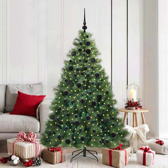 Grand sapin de noël artificiel 180cm, pack complet avec lumières led et 120 boules dorées/rouges