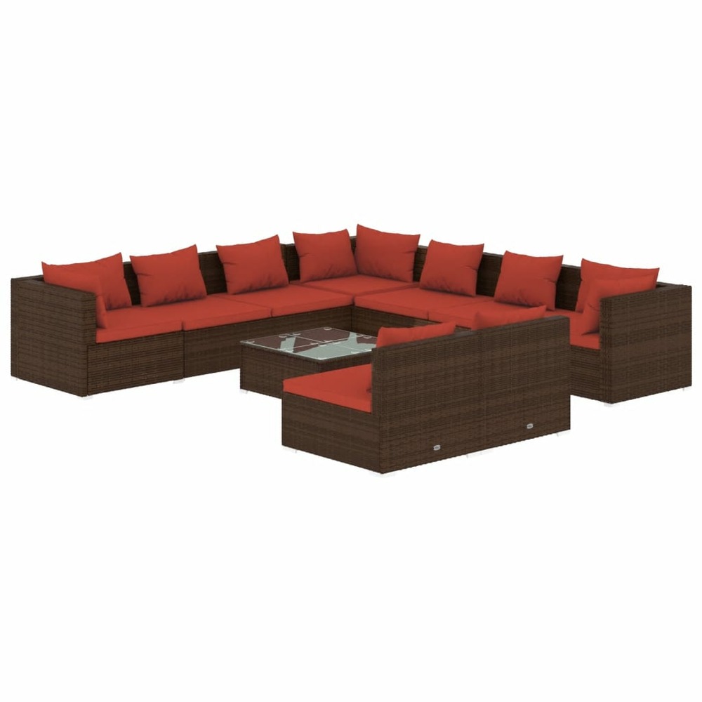 Salon de jardin meuble d'extérieur ensemble de mobilier 10 pièces avec coussins marron résine tressée