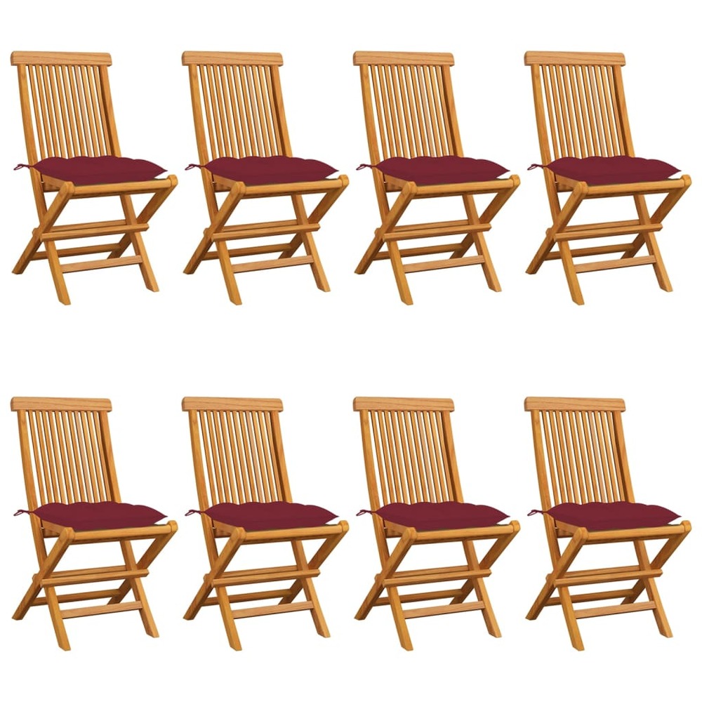 Chaises de jardin avec coussins bordeaux 8 pcs teck massif