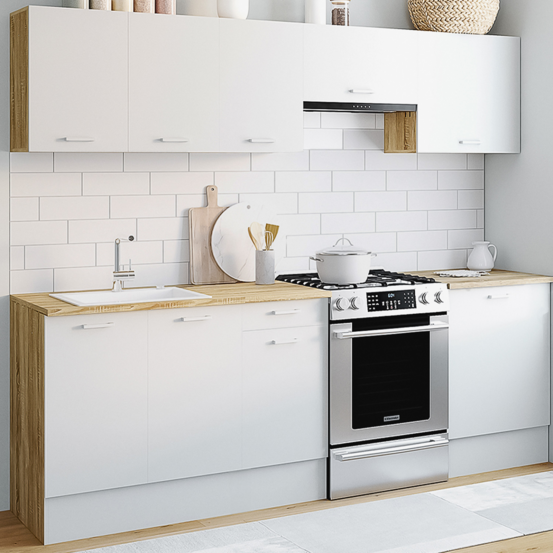 Cuisine complète 240 cm subtil avec plan de travail 7 éléments bois et blanc