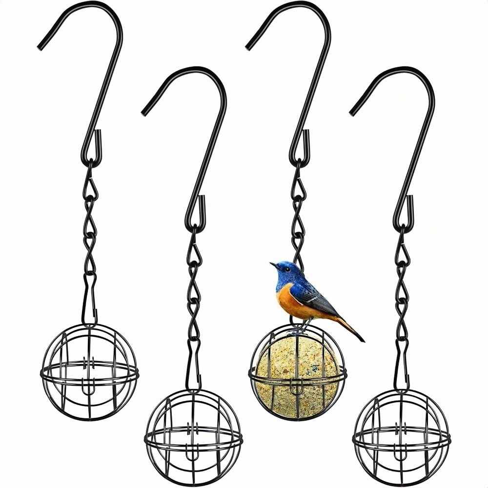 Lot de 4 mangeoires à boules de graisse noires - support métal résistant aux intempéries pour jardin & balcon