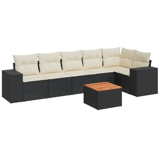 Salon de jardin 7 pcs avec coussins noir résine tressée