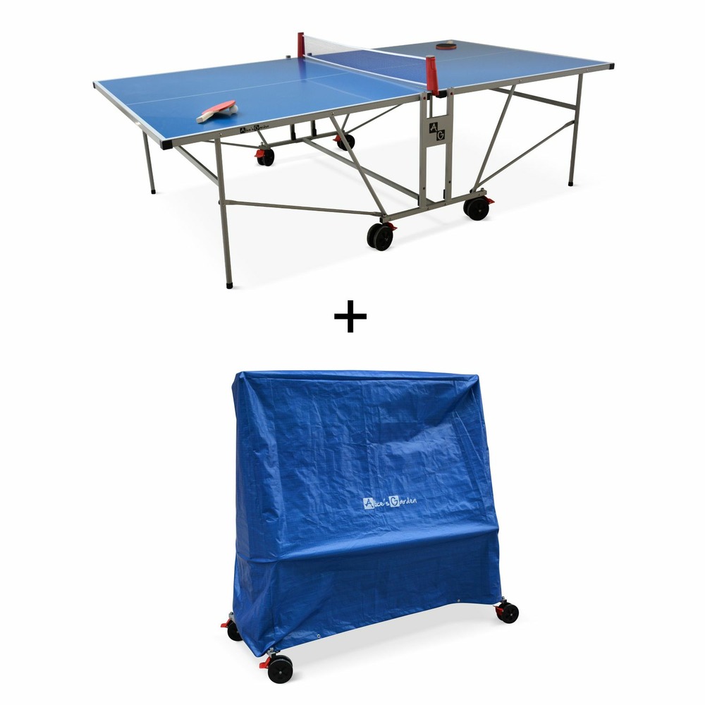 Table de ping pong outdoor bleue avec sa housse- table pliable avec 2 raquettes et 3 balles. Pour utilisation extérieure. Sport