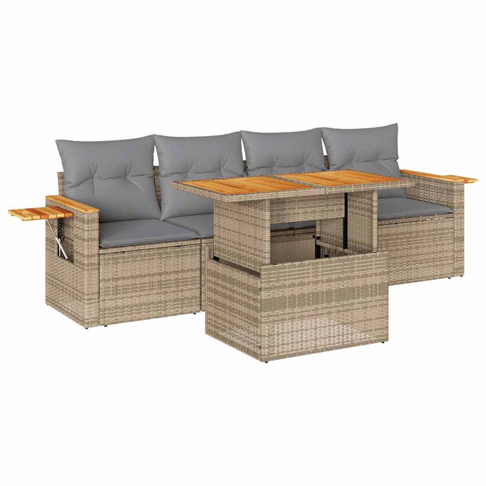 Salon de jardin avec coussins 5 pcs beige résine tressée acacia