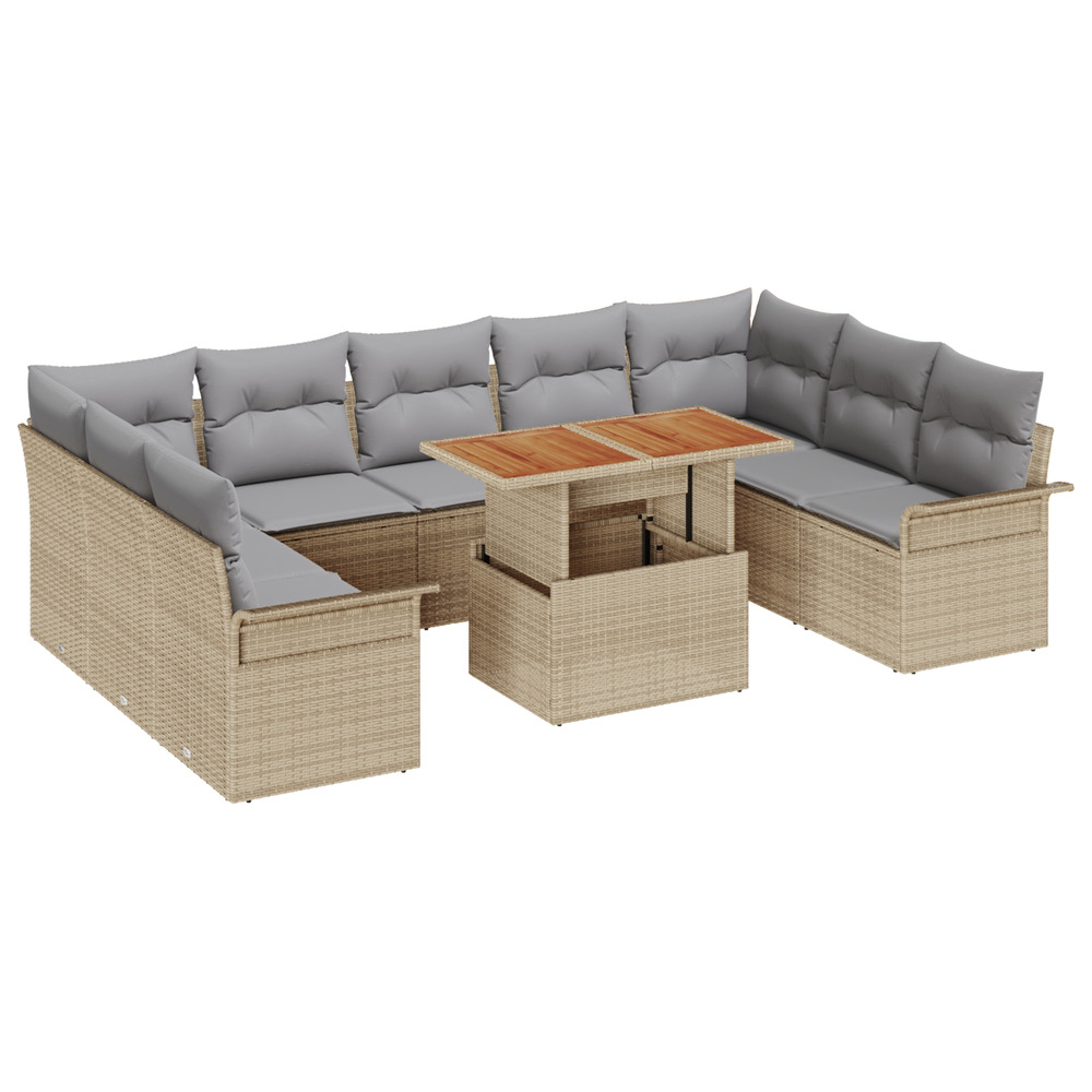 Ensemble de salle à manger de jardin 10 pièces avec coussins beige poly rattan acacia