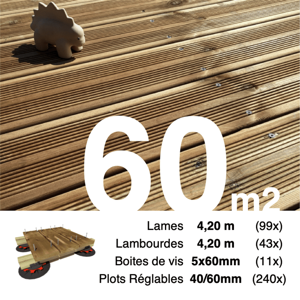 Kit complet terrasse pin autoclave marron pour 60 m², lames 4,2 m, lambourdes 4,2 m, plots réglables et visserie inox.