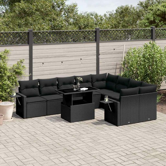 Salon de jardin 10 pcs avec coussins noir résine tressée