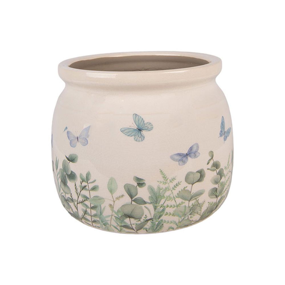 Pot de fleurs rond beige céramique papillons 16x13cm