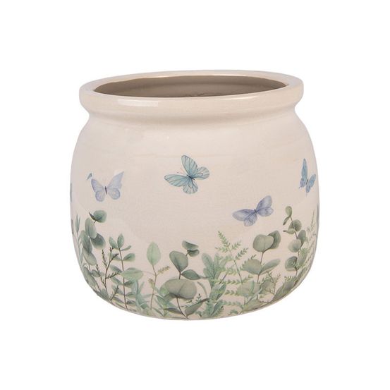 Pot de fleurs rond beige céramique papillons 16x13cm