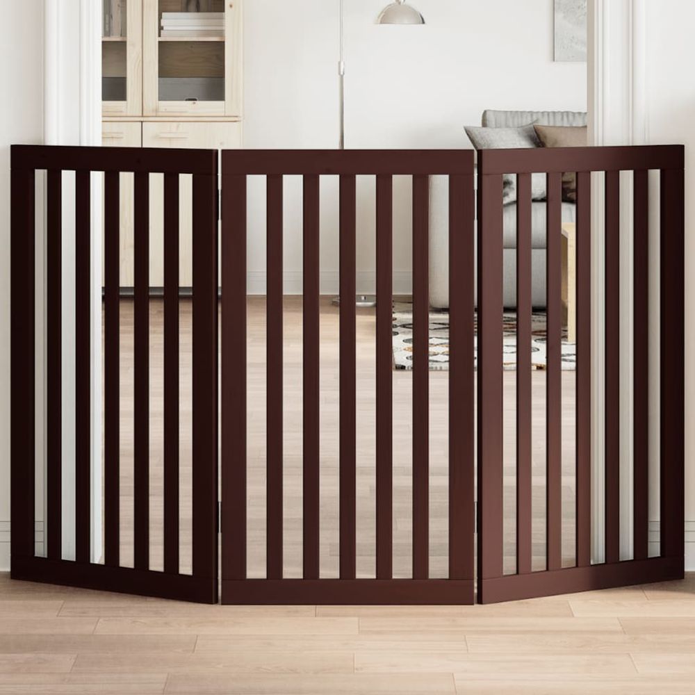 Barrière sécurité chien bois pliable 3 panneaux brun 150cm