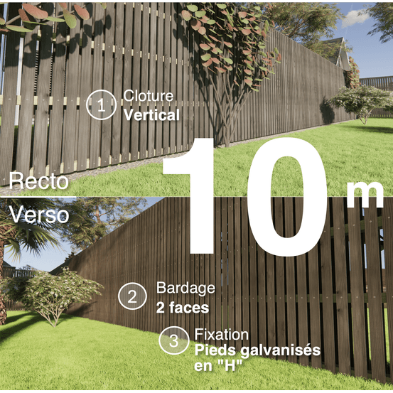 Kit clôture bois moderne 10m – h 2,3m – 20 x 70 mm noir par trempage – pose vertical – double face – support galva