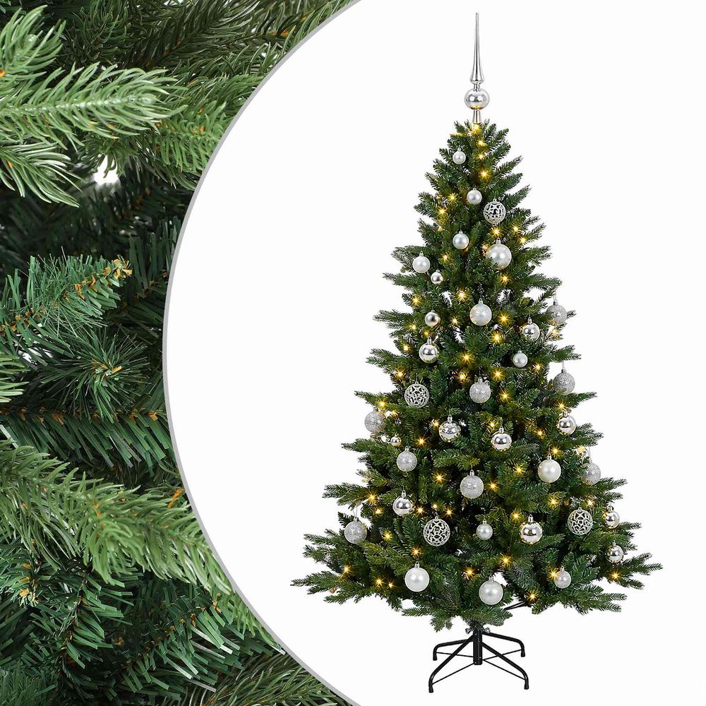 Sapin de noël artificiel avec boules 150 cm 150 led blanc chaud