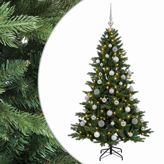 Sapin de noël artificiel avec boules 150 cm 150 led blanc chaud