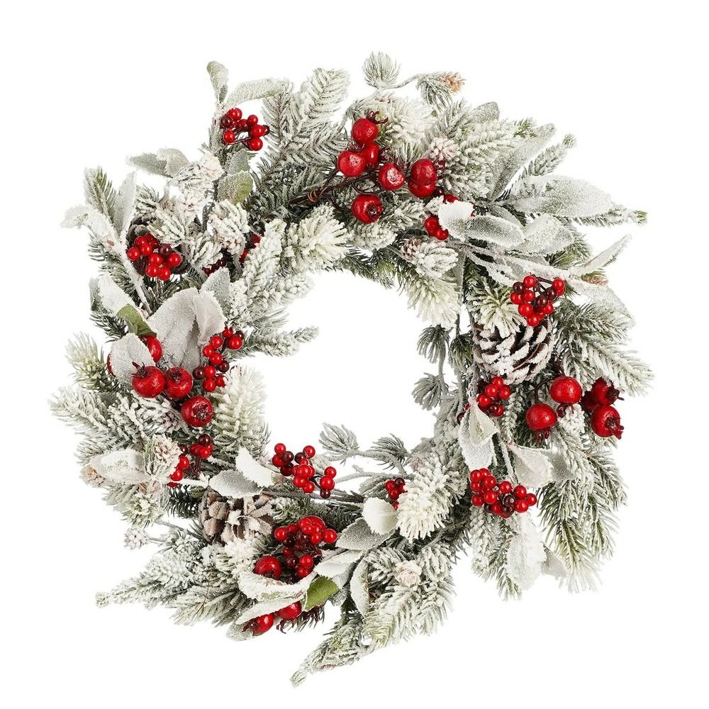 Mica decorations belfort couronne de noël porte 40 cm - décoration avec branches de pin enneigées et baies rouges - décoration