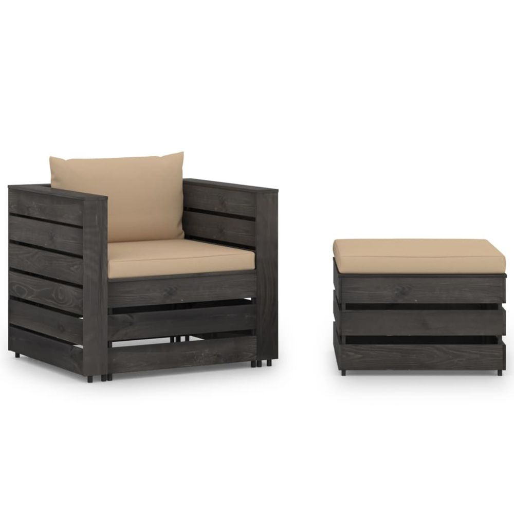 Salon de jardin 2 pcs avec coussins bois imprégné de gris