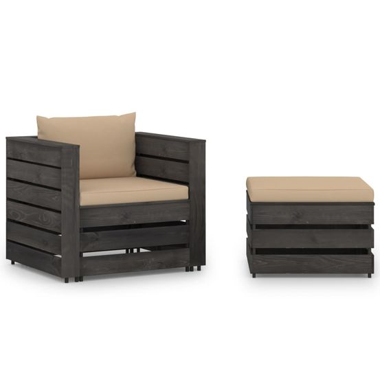 Salon de jardin 2 pcs avec coussins bois imprégné de gris