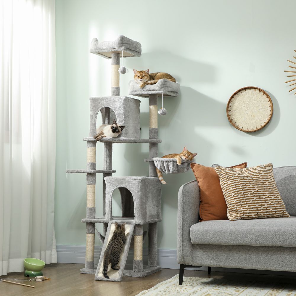 Arbre à chat tour de jeux pour chat 3 platesformes 2 niches 2 lits 2 hamacs 1 échelle hauteur 177 cm gris clair