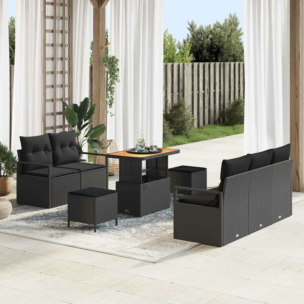 Ensemble de canapé de jardin avec coussin 8 pcs noir polyrotin