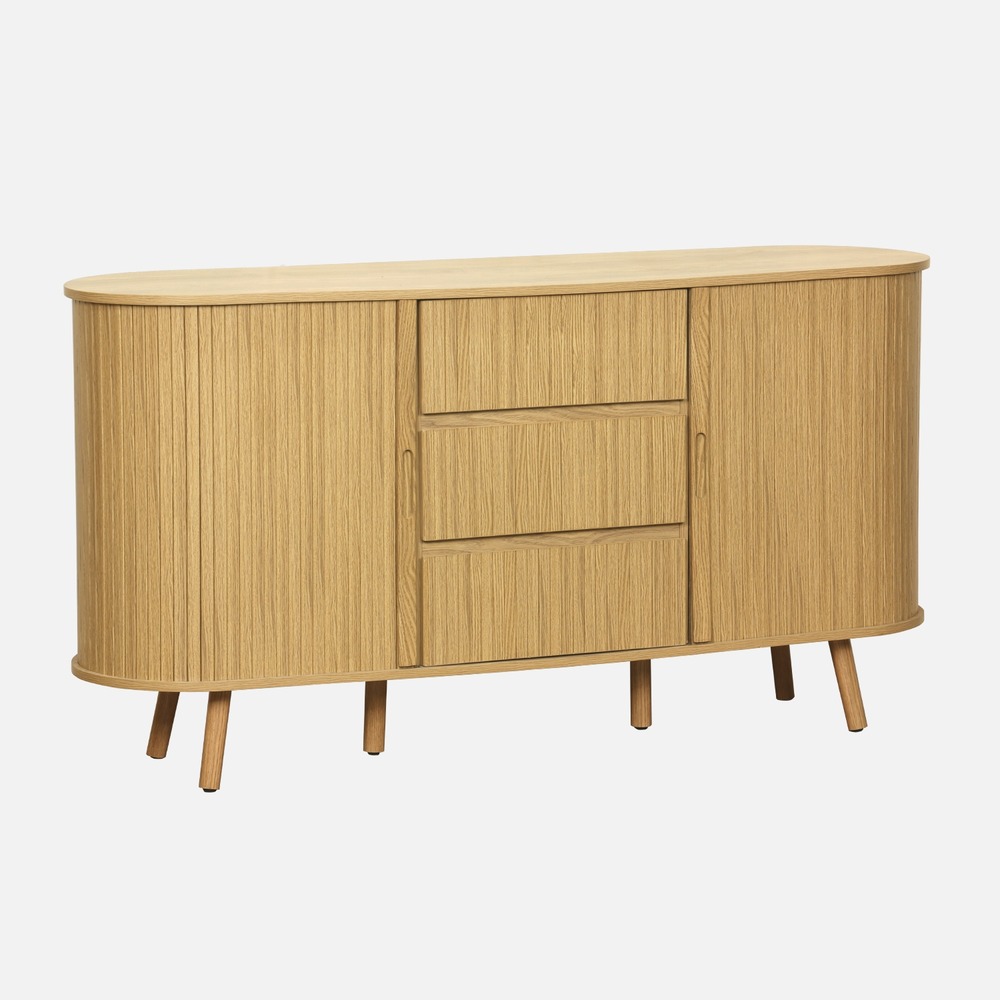 Buffet scandinave ovale 2 portes coulissantes, 4 compartiments, 3 tiroirs, décor bois rainuré, l 150 x p 40 x h 79cm