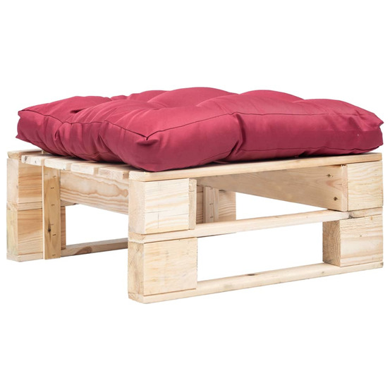 Repose-pied palette de jardin avec coussin rouge bois naturel