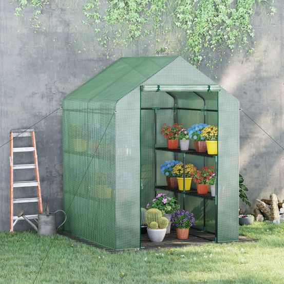 Serre de jardin acier et pe verte 143 x 138 x 190 cm avec étagères porte enroulable - comfortxl outdoor living