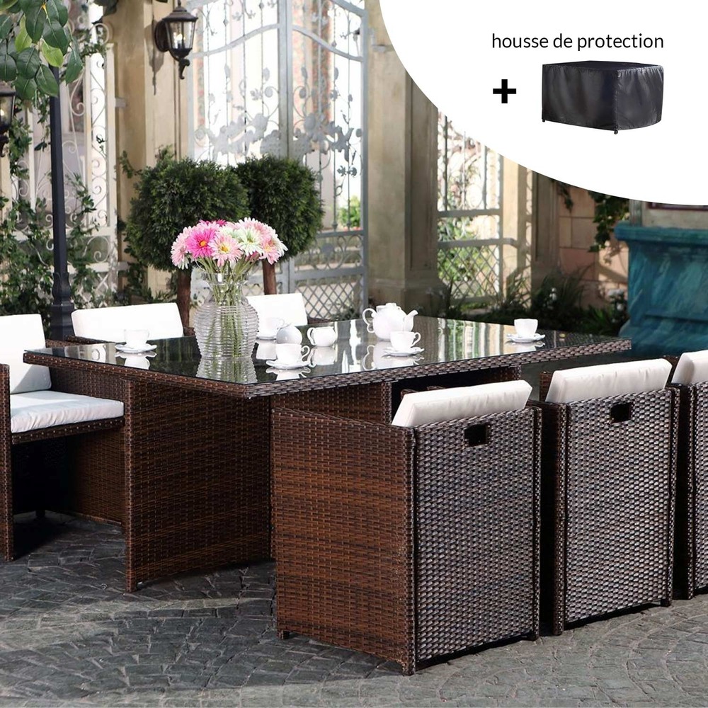 Salon de jardin 6 places marron-blanc + housse de protection miami