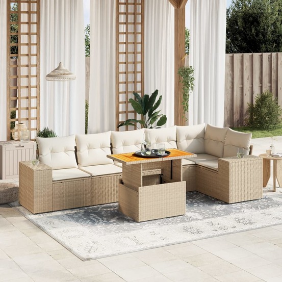 Salon de jardin avec coussins 7 pcs beige résine tressée