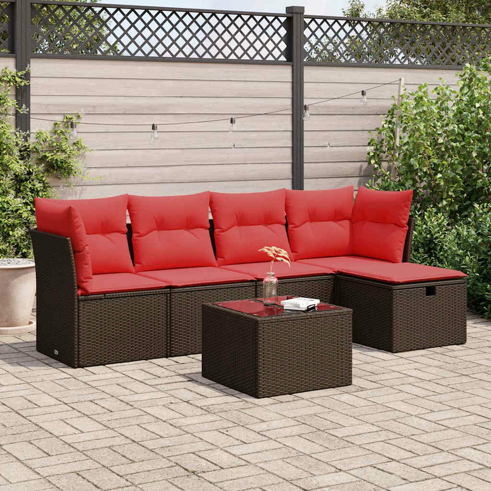 Salon de jardin avec coussins 6 pcs marron résine tressée