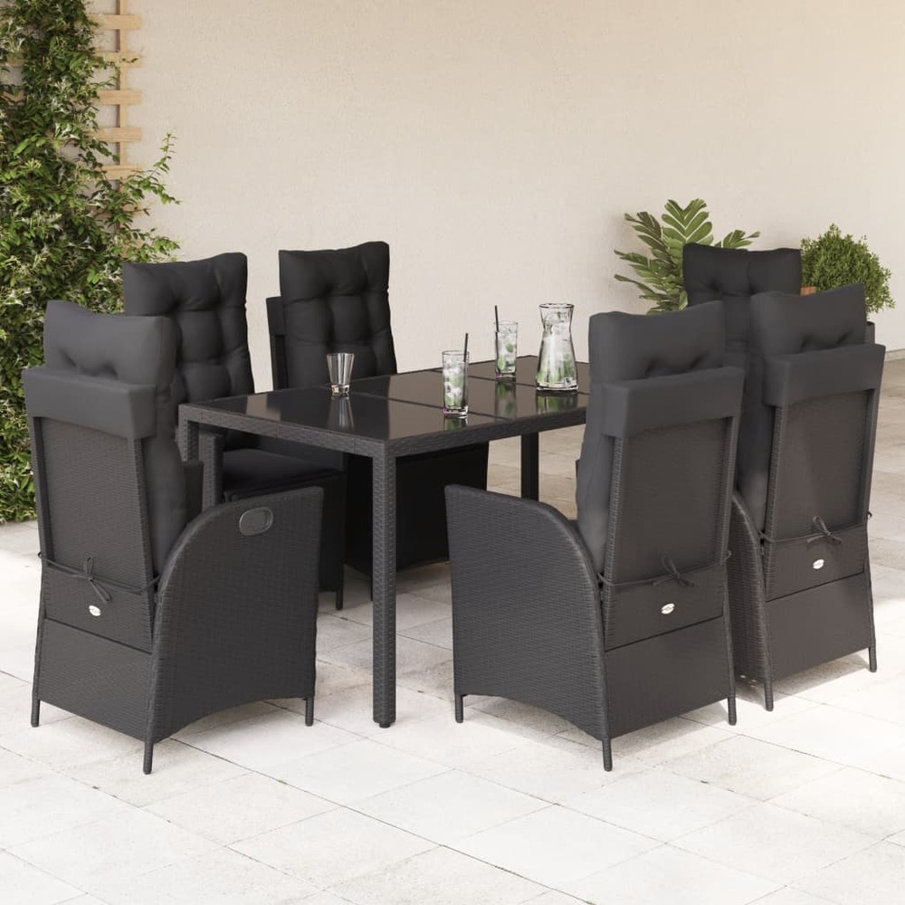 Ensemble à manger de jardin coussins 7pcs noir résine tressée