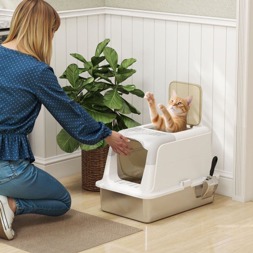 Maison de toilette chat inox xxl entrée avant sortie haut anti-odeur blanc 60cm