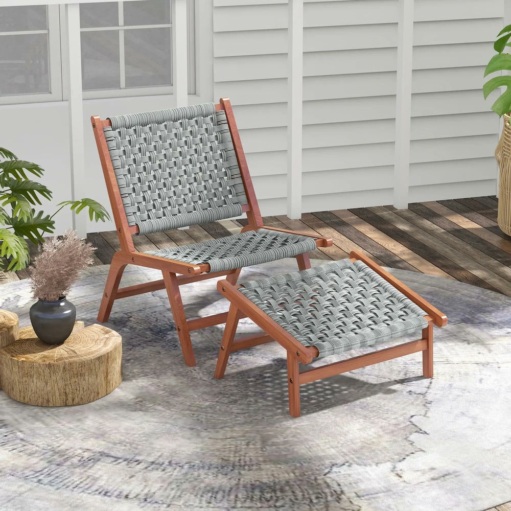 Fauteuil de jardin avec repose-pieds - chaise relax en bois d'acacia et corde résine tressée - naturel, gris