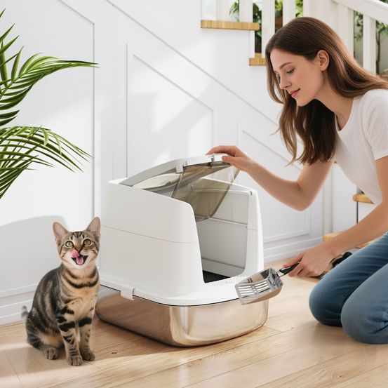 Maison toilette chat inox fermée anti-odeur double sortie blanc