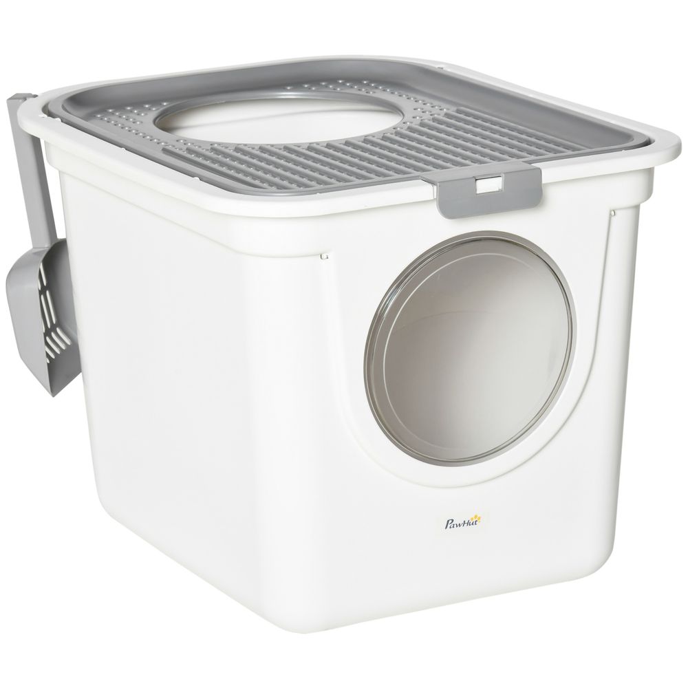 Maison de toilette pour chat anti-odeur double entrée avec pelle incluse 55 cm blanc et gris