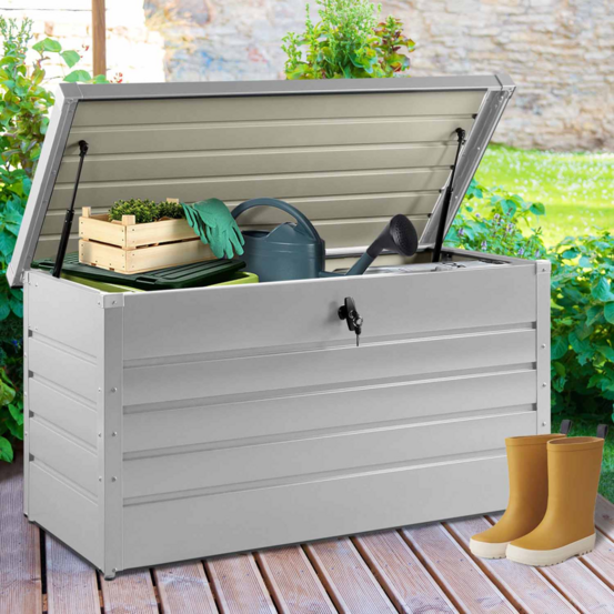 Coffre de rangement métal verrouillable gris clair pour jardin 350l 120x62,5x63 cm