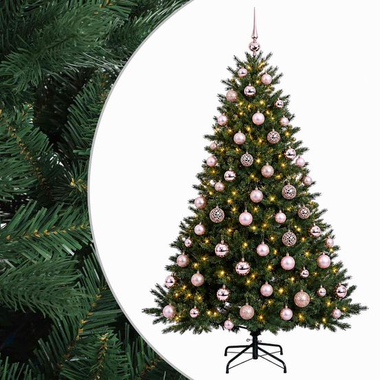 Sapin de noël artificiel avec boules 210 cm 300 led blanc chaud