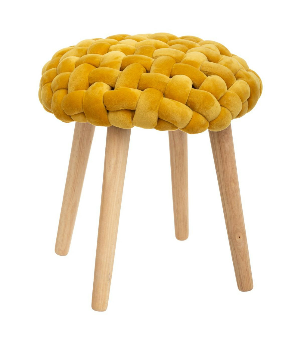 Tabouret pied en bois et assise tricot velours moutarde