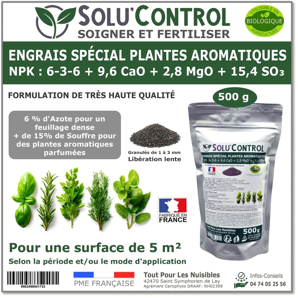 500 g - engrais spécial plantes aromatiques npk 6-3-6 - favorise un feuillage dense, intensément parfumé et vigoureux - uab