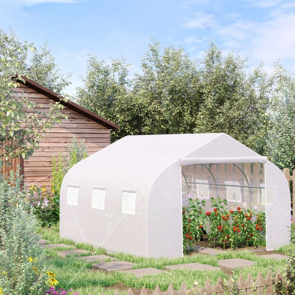 Serre tunnel de jardin acier galvanisé 445 x 300 x 205 cm blanche porte enroulable - comfortxl outdoor living