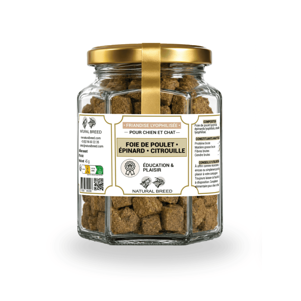 Friandises lyophilisées pour chien et chat – foie de poulet, épinard et citrouille – snack naturel