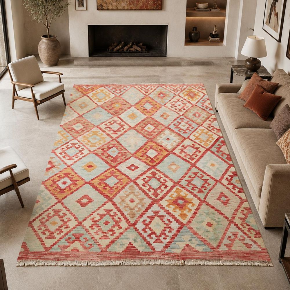Tapis kilim 160 x 194 cm, multicolore beige et rouge, en laine naturelle, kilim 87