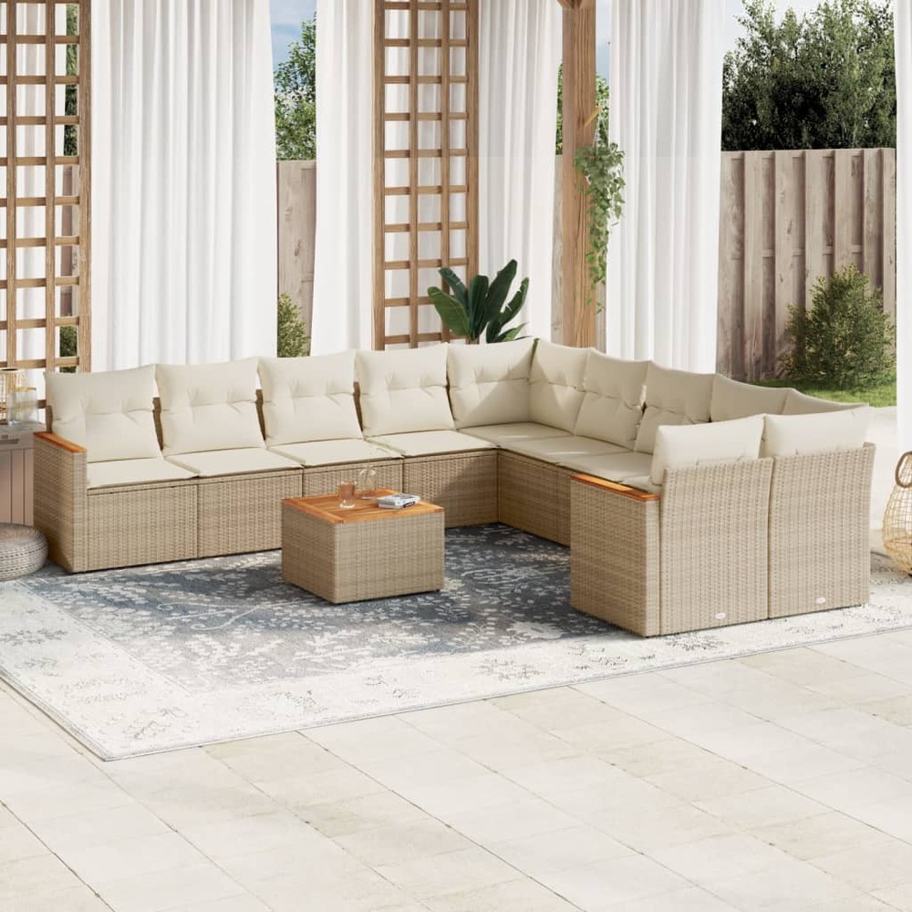 Salon de jardin 11 pcs avec coussins beige résine tressée