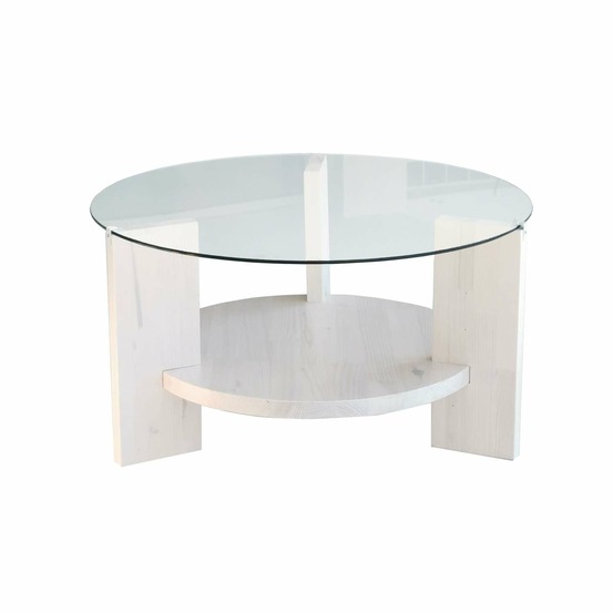 Table basse ronde 1 étagère auréline en verre et bois - transparent et blanc