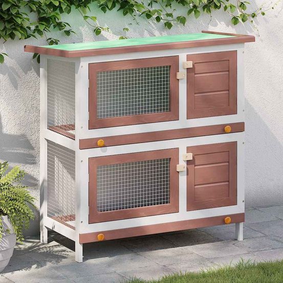 Clapier à lapin 2 étages en bois avec 4 portes pour jardin rouge