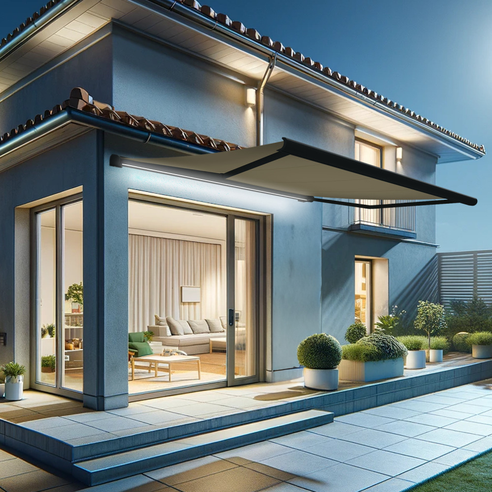 Store banne coffre intégral hevoa 4,00x3,00 m (motorisé secours à télécommande + led - gris anthracite stucturé ral7016st - écru)